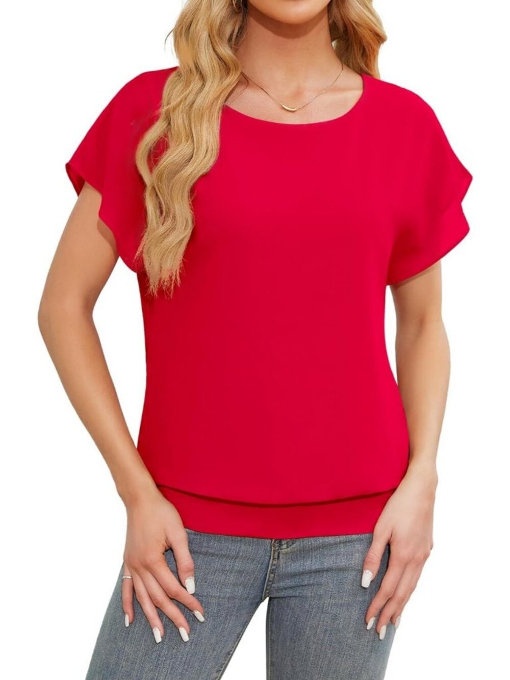 Women's Red Comfortable Flutter Short Sleeves Chiffon Blouse Casual Dressy Top